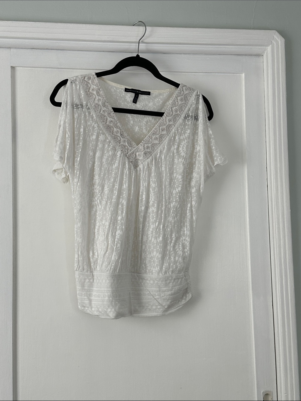 WHBM White Lace V-Neck Blouse with Crochet Trim - bin 2